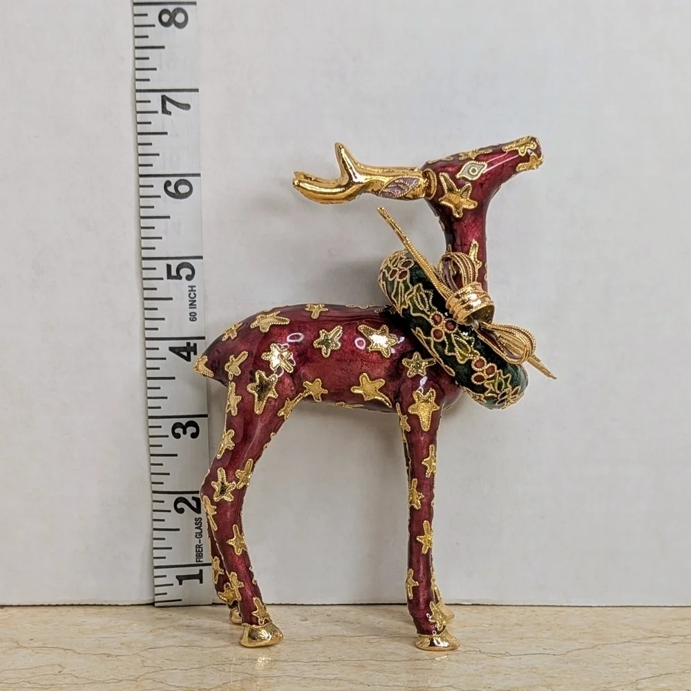 Vintage NYCO Cloisonne Enamel  Maroon Reindeer Gold Star Green Christmas Wreath